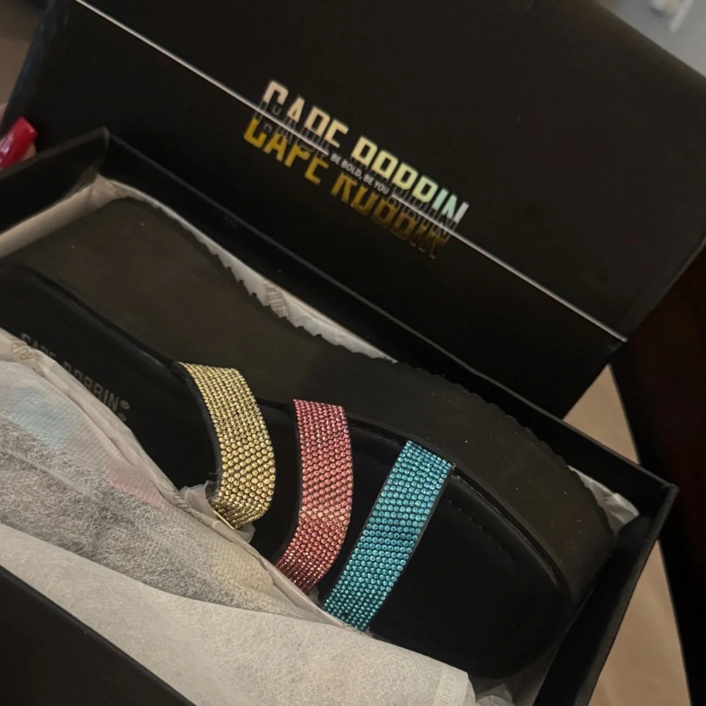 😎Cape Robbin Yellow, Coral & Teal Triple-Strap Platform Slide☀️BRAND NEW IN BOX